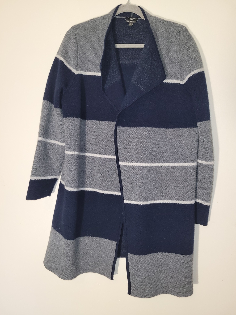 Talbots Navy, Gray & White Striped Open-Front Knit Coatigan